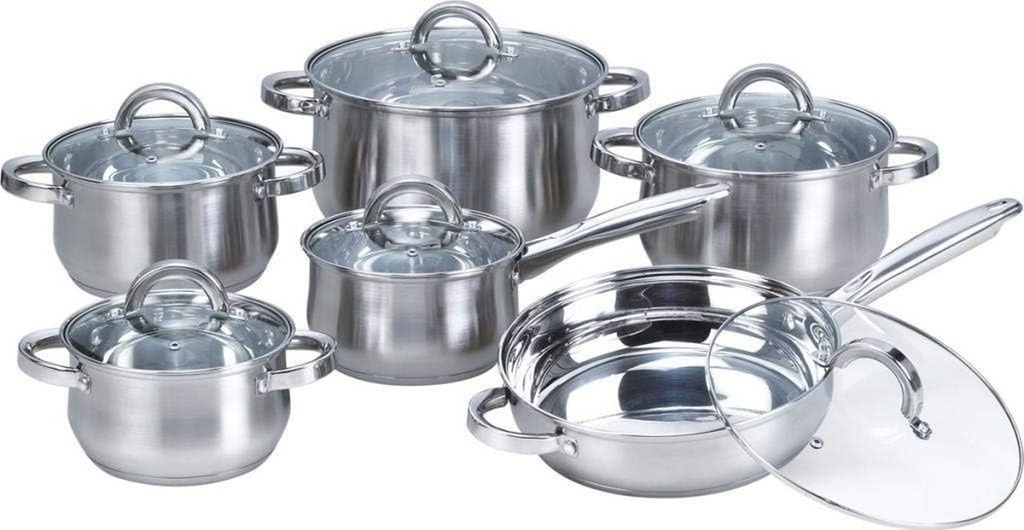 Batterie de cuisine 12 pièces en acier inoxydable avec couvercle en verre
